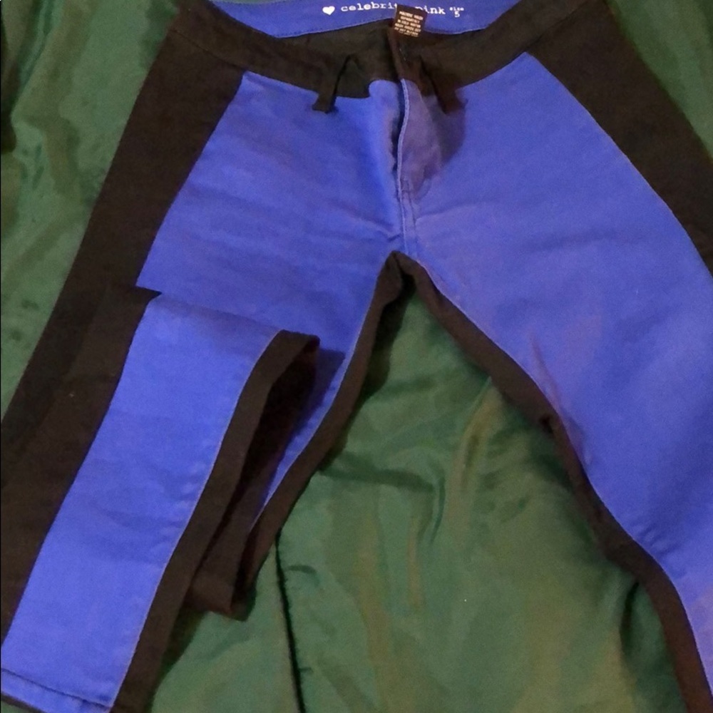 Black and blue pants.